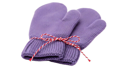 Gift - Purple knitted baby mittens tied with red and white string on white background, perfect for newborn gifts