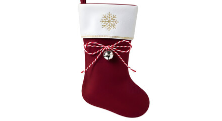Gift - Red Christmas stocking with white cuff and gold snowflake decoration, tied with red and white string and silver jingle bell, perfect for holiday decor