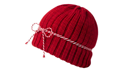 Gift - Red knitted winter hat with decorative white and red string tied around it, isolated on white background, perfect for cold weather and winter fashion