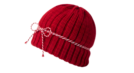 Gift - Red knitted winter hat with decorative white and red string tied around it, isolated on white background, perfect for cold weather and winter fashion