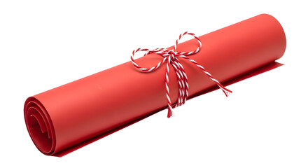 Gift - Red rolled paper tied with red and white string on white background, perfect for gift wrapping, crafts, or decoration projects