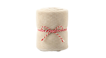 Gift - Rolled beige burlap ribbon with red and white twine bow tied around center, isolated on white background, perfect for rustic gifts and craft projects