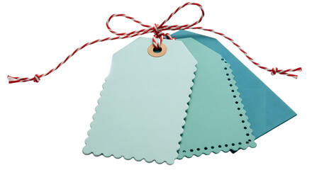 Gift - Set of three blank blue gift tags with scalloped edges tied with red and white twine, perfect for labeling presents or organizing items