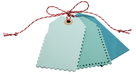 Gift - Set of three blank blue gift tags with scalloped edges tied with red and white twine, perfect for labeling presents or organizing items