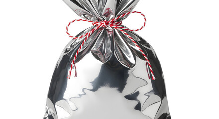 Gift - Shiny silver gift bag tied with red and white twine, perfect for holiday presents and special occasions