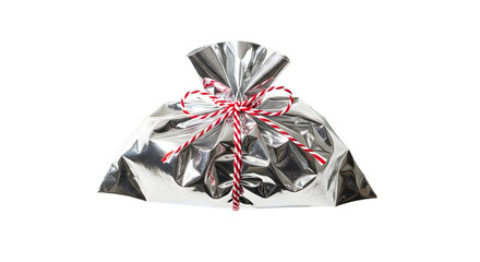 Gift - Silver gift bag wrapped with red and white string isolated on white, perfect for holiday presents