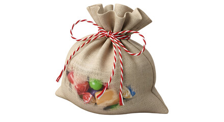 Gift - Small burlap sack bag filled with assorted colorful candies tied with red and white striped string, isolated on white background, perfect for gift packaging