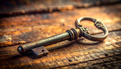 Elegant Antique Key on Weathered Wood A Symbol of Mystery and Timeless Secrets