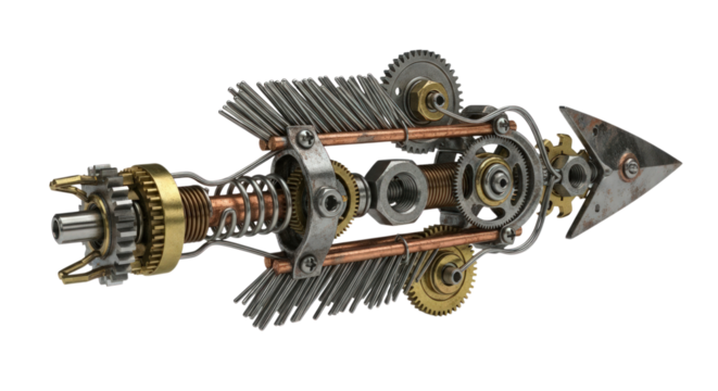 A steampunk arrow crafted from gears springs and metal components studio shot isolated on a transparent background