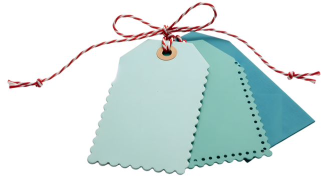 Gift - Set of three blank blue gift tags with scalloped edges tied with red and white twine, perfect for labeling presents or organizing items
