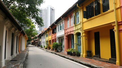 A vibrant street lined with colorful historical buildings, showcasing a mix of traditional and modern architecture in an urban setting.
