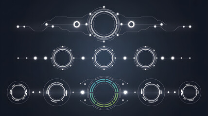 Abstract hud elements with circular shapes and connecting lines on a dark blue background layout design