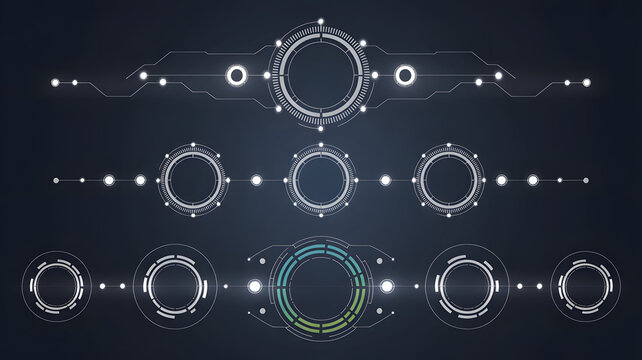 Abstract hud elements with circular shapes and connecting lines on a dark blue background layout design