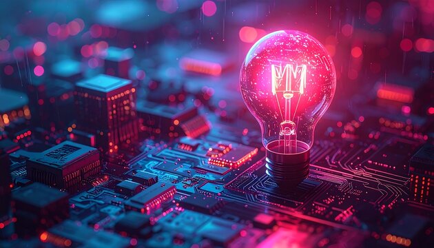 Illuminated Light Bulb on Circuit Board - Innovation and Technology.