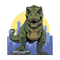 Mighty T-Rex Dinosaur Stomping Through City Street Illustration