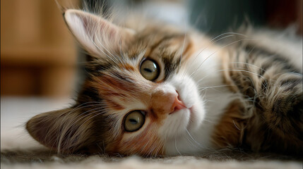 Adorable fluffy cat lying on the floor indoors, close-up portrait with soft fur and gentle natural light