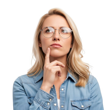 Woman with glasses thinking deeply isolated on transparent background