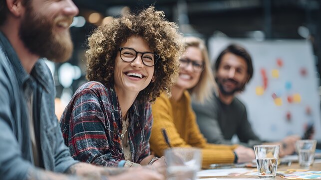 Diverse group of young professionals happily collaborate du a relaxed and productive business meeting.