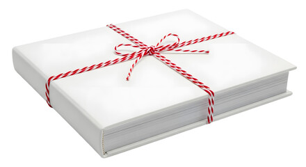 Gift - Stack of white books tied with red and white string bow, minimalistic gift concept perfect for weddings and special occasions