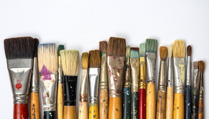 Naklejka premium Assortment of Used Paintbrushes Aligned Against a White Backdrop Creative Artistic Tools