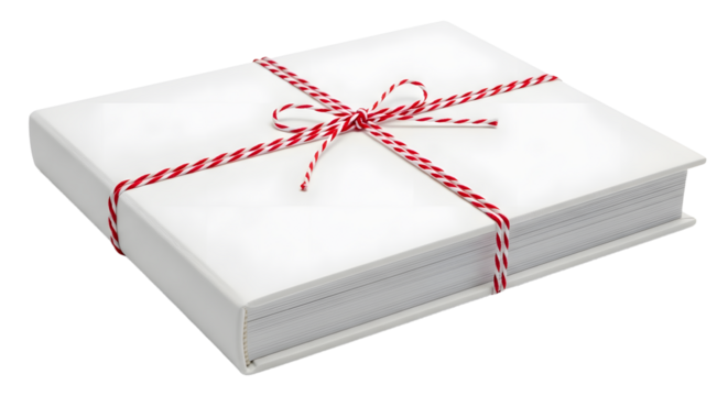 Gift - Stack of white books tied with red and white string bow, minimalistic gift concept perfect for weddings and special occasions