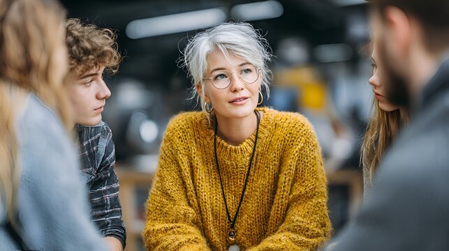 A mature woman with gray hair and glasses leads a group discussion with young adults in a casual setting.
