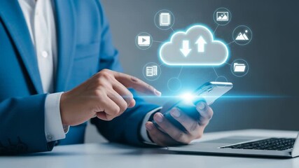 A person using a smartphone with cloud technology and data icons shown - Powered by Adobe