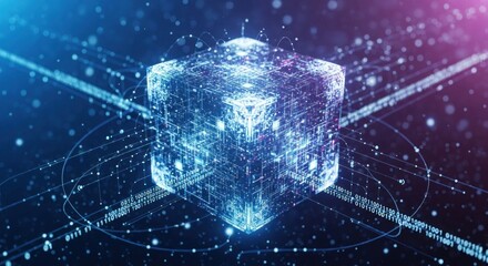 A glowing, futuristic cube with intricate, digital patterns and glowing lines in a dark, digital space.