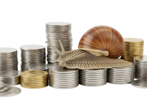 A snail crawling on a pile of coins, symbolizing slow financial growth or progress, isolated on transparent background