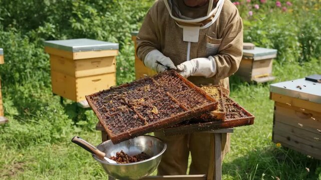 Medium shot showing the process of collecting harvested propolis resin from trays after removal from trap boards in an outdoor apiary.