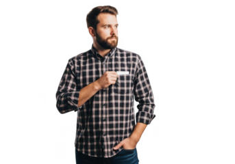 A man with a beard wearing a plaid shirt, holding a white card in his chest pocket, isolated on transparent background