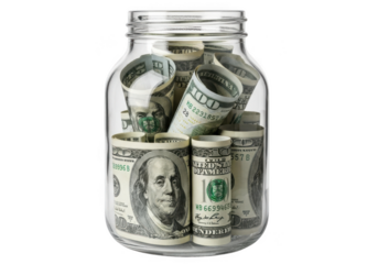 A glass jar filled with rolled us dollar bills, representing savings, wealth accumulation, and financial security isolated on transparent background