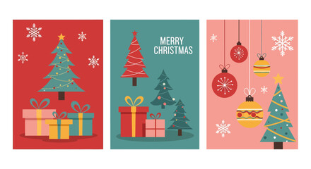 Naklejka premium Three festive Christmas cards featuring decorated trees, gift boxes, and ornaments against red, teal, and pink backgrounds.