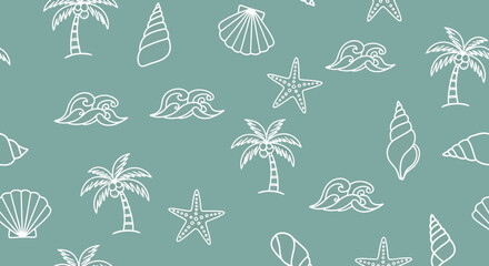 A repeating pattern featuring white line drawings of seashells, palm trees, and starfish on a teal background.