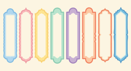 A collection of eight colorful, ornate vertical frames or labels with decorative borders.