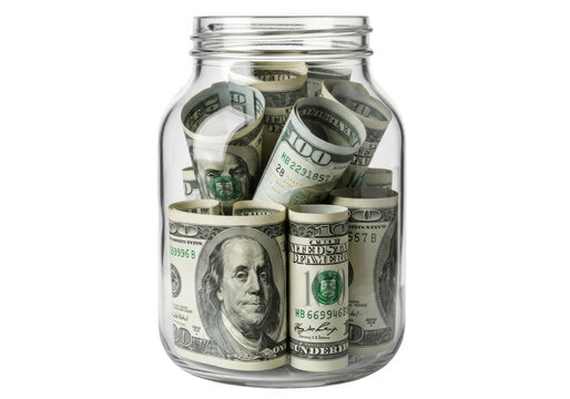 A glass jar filled with rolled us dollar bills, representing savings, wealth accumulation, and financial security isolated on transparent background