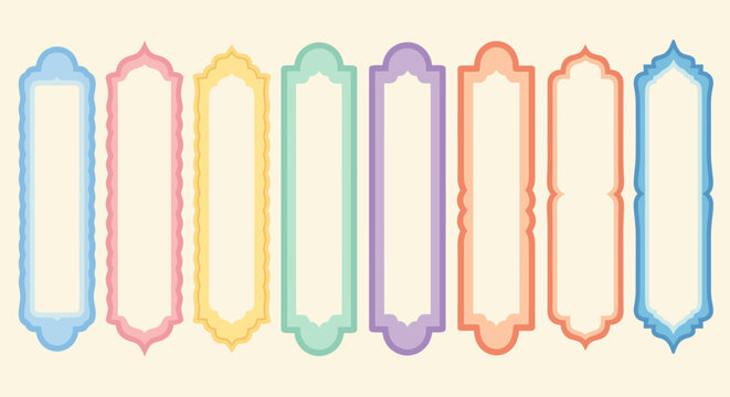 A collection of eight colorful, ornate vertical frames or labels with decorative borders.