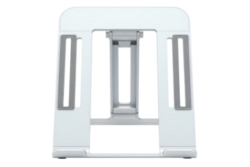 Adjustable aluminum laptop stand for an ergonomic workstation isolated on a transparent background