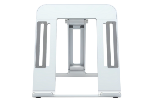 Adjustable aluminum laptop stand for an ergonomic workstation isolated on a transparent background