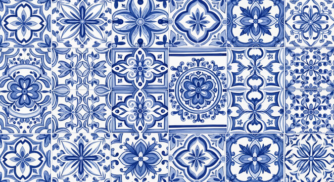 Close-up of a collection of blue and white patterned ceramic tiles, forming a decorative surface.