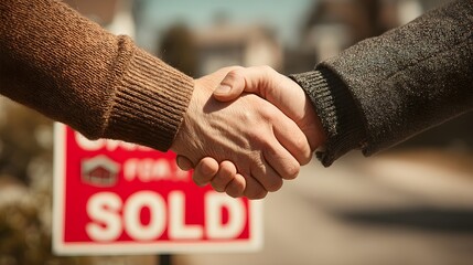 Real estate deal completed, successful home sale, handshake over "sold" sign, trust and agreement.