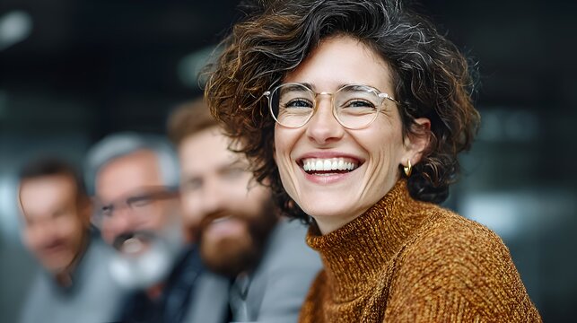 A smiling businesswoman with glasses joyfully leads her diverse team in a collaborative work environment.