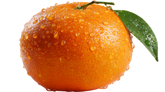 Citrus Beauty: A close-up showcases a vibrant mandarin orange, its rind glistening with refreshing water droplets, alongside a vibrant green leaf.