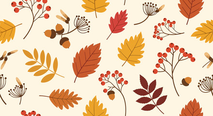 A seamless pattern of autumn leaves, acorns, and berries in warm fall colors on a cream background.