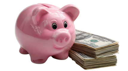 Financial Fortress: A rosy pink piggy bank stands guard beside a stack of currency notes, embodying savings, investment, and financial security. A visual testament to prudent money management.