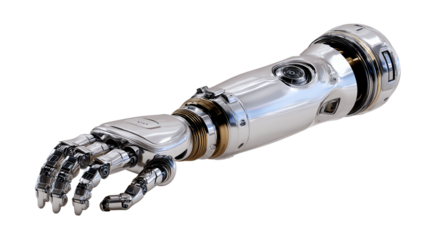 Bionic Arm: A detailed view of a advanced metallic bionic arm, showcasing intricate engineering and the potential of human augmentation.