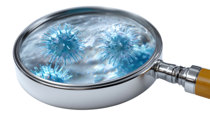 Microscopic Discovery: A close-up view through a magnifying glass reveals a cluster of abstract blue virus particles in water, representing medical, science and virus research.