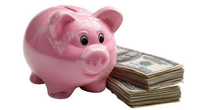 Financial Fortress: A rosy pink piggy bank stands guard beside a stack of currency notes, embodying savings, investment, and financial security. A visual testament to prudent money management.