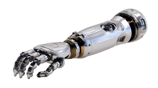 Bionic Arm: A detailed view of a advanced metallic bionic arm, showcasing intricate engineering and the potential of human augmentation.