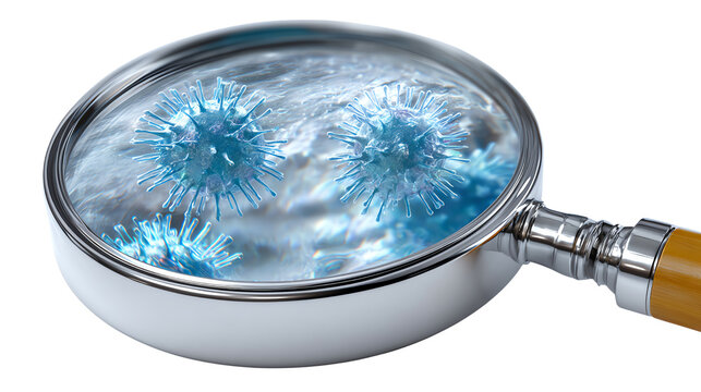 Microscopic Discovery: A close-up view through a magnifying glass reveals a cluster of abstract blue virus particles in water, representing medical, science and virus research.